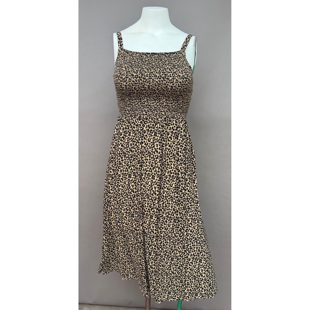 Old Navy Leopard Smocked Cami Midi Dress Small Tan Black Pockets Boho Safari
